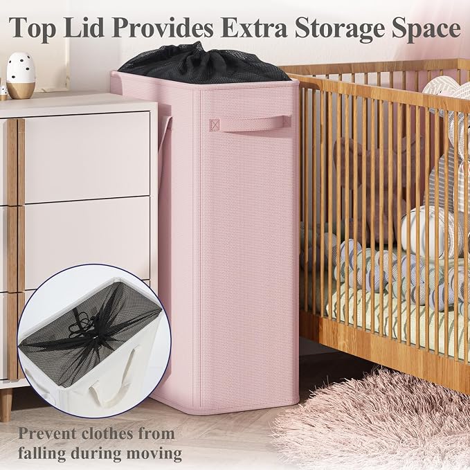 Optish 75L Pink Slim Laundry Hamper, Large Laundry Basket with Handles, Baby Hamper for Nursery, Dorm, Bedroom, Living Room, Collapsible Laundry Basket