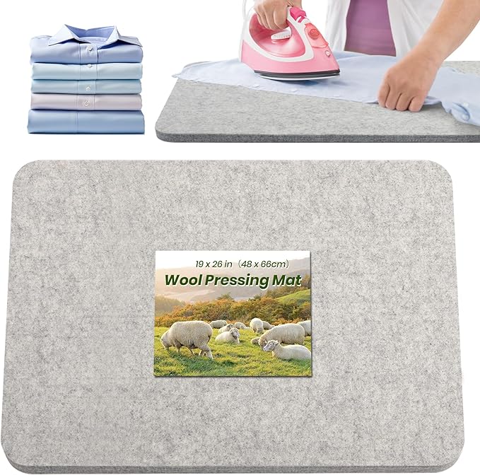 BREENHILL Wool Pressing Mat 19" x 26" – Extra Large Wool Ironing Mat for Sewing Tables & Craft Rooms, 1/2" Thick Heat Reflective Wool Pad（Light Gray）