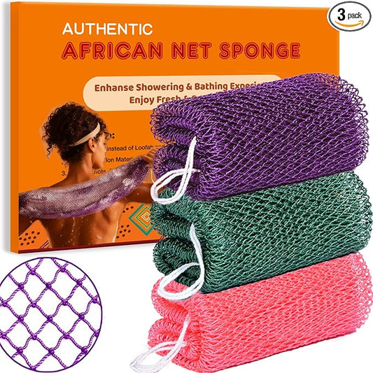 African Net Sponge Authentic Exfoliating Washcloth Body Back Scrubber 3 Pcs | 46 Inch Shower Loofah Exfoliating Bath Sponge for Women and Men Daily Use Body Care Travel Portable Accessories Spa Gifts