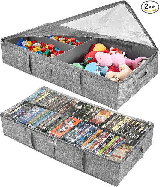 2-Pack Under Bed Toy Storage Boxes, Grey Toy Organizer with Clear PVC Lid, Foldable Under Couch Storage Bins (31.8×16×5.9in), Toys Storage Containers for Plush Dolls, Books, Clothes, Shoes & Blankets