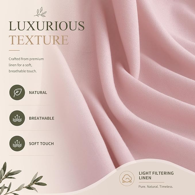 Hokibero Pink Linen Curtains 102 Inches Long Drape for Living Room 2 Panels | Light Filtering Semi Sheer Curtain, Back Tab Rod Pocket Pleated Look, Pink Drapes for Bedroom Nursery Privacy, Boho Farmhouse