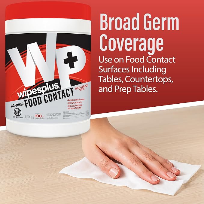 WIPESPLUS Cleaning Wipes All Purpose Food Contact - No Rinse, No Residue, Quick Dry Formula, Disinfecting Wipes For Restaurants, Foodservice, Schools - Canister, 100 Count, (Pack of 6)