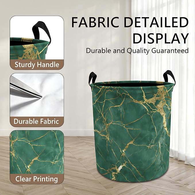 Modern Abstract Green and Gold Laundry Basket with Handles, Luxury Emerald Green Marble Collapsible Waterproof Laundry Hamper Clothes Storage Basket for Bedroom Bathroom Home