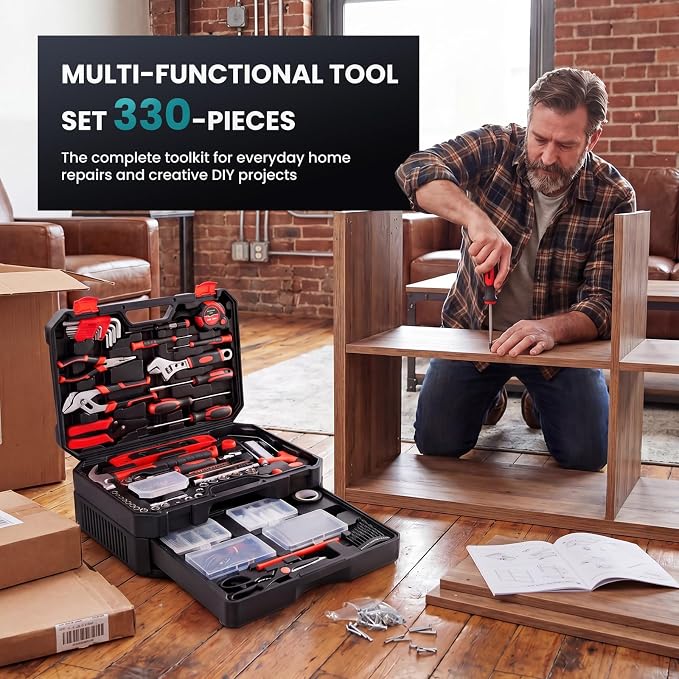 OLIXIS 330 Piece Home Repair Tool Kit with Pull-Out Drawer, Carbon & Cr-V Steel Tool Box, Complete Homeowners Repair Kit for DIY & Auto Maintenance for Home, Black-Red