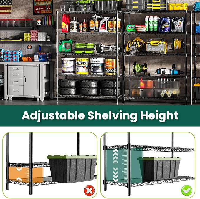 48" W Garage Shelving 1875LBS Heavy Duty Wire Shelving Unit, Metal 5-Tier Adjustable Steel Storage Rack with Liners, Storage Tote Rack, 48" W x 18" D x 72" H for Garage Commercial, Black