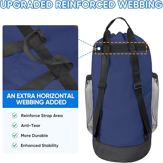 BALEINE 120L Laundry Bag Backpack, 900D Oxford Fabric Large Travel Laundry Bags with Shoulder Straps and 2 Mesh Pockets for College Dorm, Apartment, Laundromat (Navy, 120L)