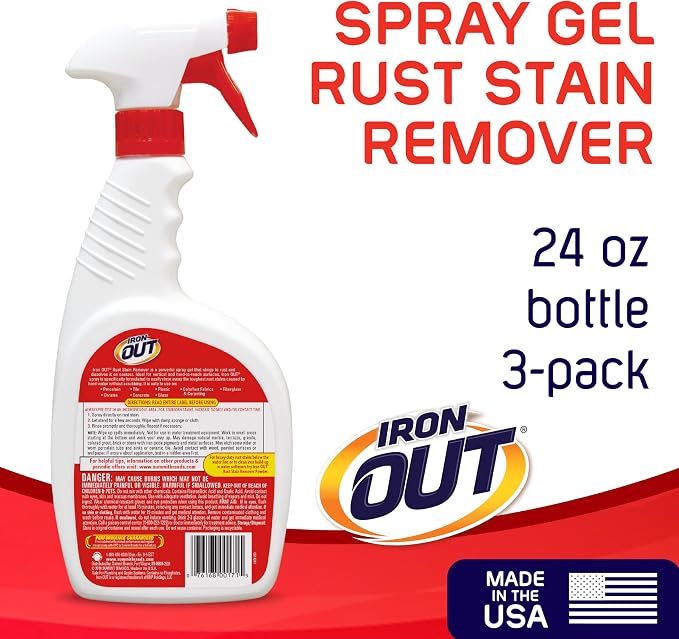 IRON OUT Rust Stain Remover Spray with Cling, No-Scrub Cleaner, 24 oz-3pk | No-Scrub Clinging Gel Dissolves Orange Rust Stains on Contact for Bathrooms, Kitchens, Tile & Laundry, Made in USA