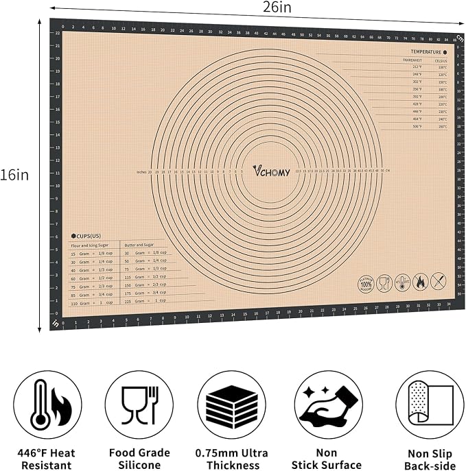 Extra Large Silicone Pastry Mat for Counter Rolling Dough,26x16 Inch,0.75mm Thick,Non Slip Silicone Baking Mat with Measurement(26 x 16 In,Grey)