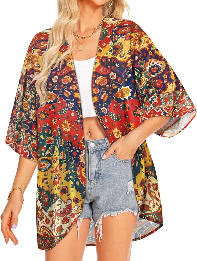 Women Kimono Cardigans Summer Cover Up Hawaiian Shirts Floral Print Tops | ROSEMIA chiffon kimono open front cardigans, beach cover ups, daily casual tops, cruise outfits, summer resort wear