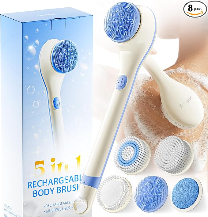 POPCHOSE Electric Body Brush for Shower with Long Handle, Waterproof | Rechargeable back scrubber with 5 interchangeable heads and 2 speeds for deep cleansing, exfoliating and massage.