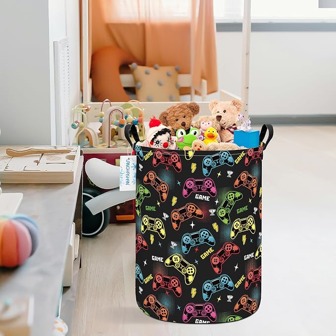 Round Laundry Basket Collapsible Storage Hamper Organizer Game | Waterproof Canvas Foldable Baskets with sturdy Handles Multi-scene Organizer for Home Play Bedroom Gift Bin