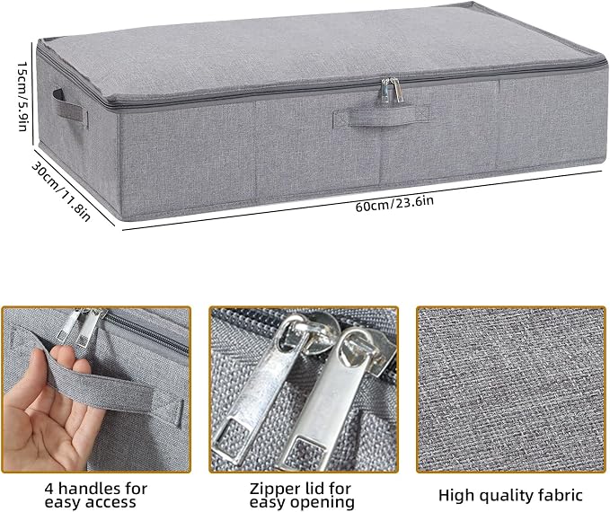 Under Bed Storage Container,Grey,23.6x11.8x5.9 Inch,2 Pack | Underbed Storage Organizers, Foldable Clothes Container,Clothes Bins with Lid and Handles for Blanket,Pillows,Shoes