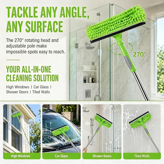 68'' Window Squeegee Cleaner Kit - 2-in-1 Rotatable Window Cleaning Tool with Extension Pole, Professional Streak-Free Squeegee with Bendable Head for Indoor/Outdoor Windows Car Glass (Green, 38.45FT)