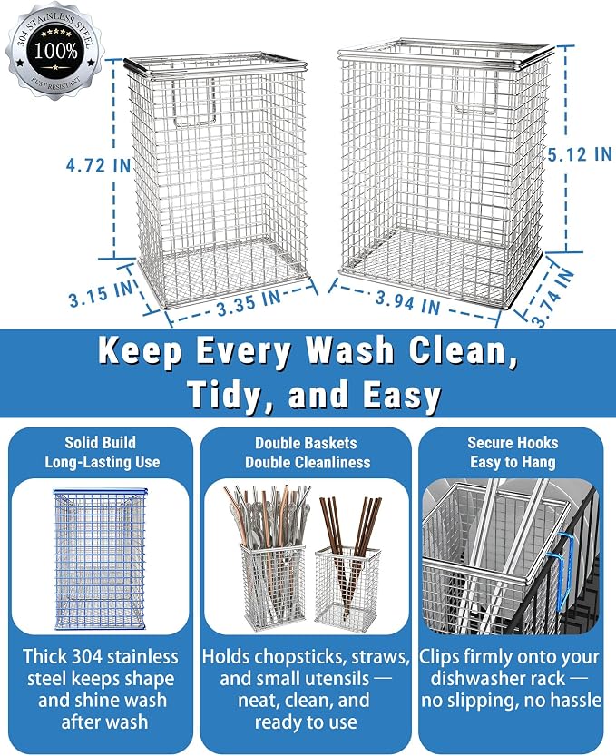 2Pcs Chopstick Holder, 304 Stainless Steel Dishwasher Chopstick Basket with Hooks, Straw & Silverware Drying Rack for Organizing Knife, Fork, Spoons and Small Kitchen Tools