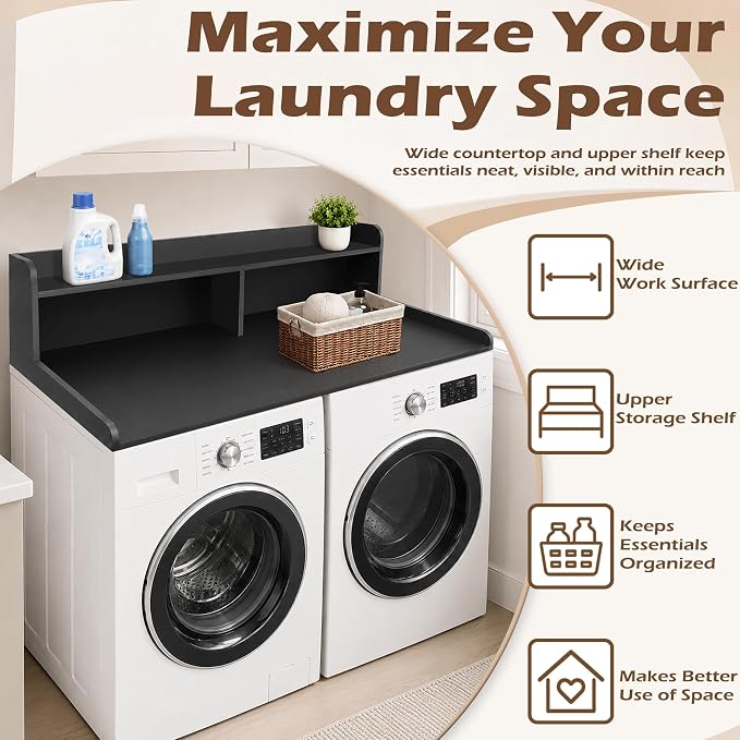 Royxen Laundry Countertop with 2-Tier Shelf Universal Fit, Washer and Dryer Countertop with Storage Space, Shelf Height 11.5 Inches, Solid Wood Core, Black