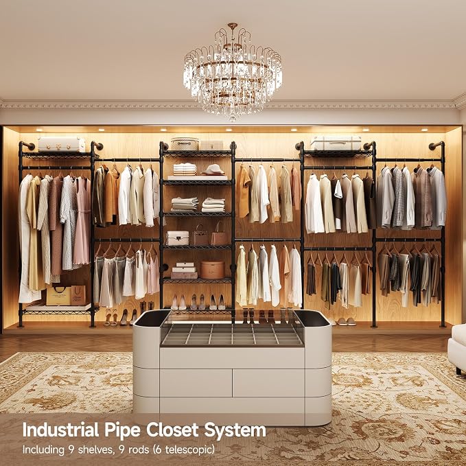 Wall Mounted Garment Rack, Industrial Pipe Clothing Rack, Closet System with 6 Expandable Rods, Walk in Closet Shelving, Clothes Organizers and Storage, Hanging Racks Wardrobe Renovation, Black