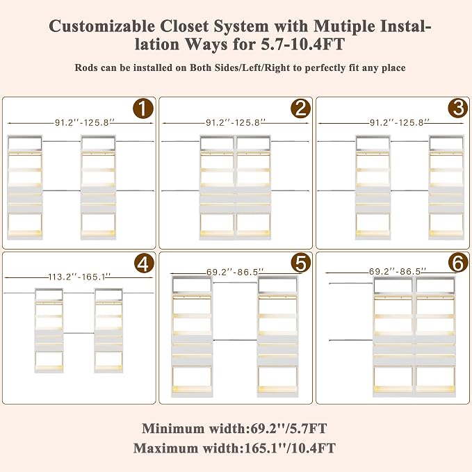 Closet System, 5.7-10.4FT Closet Organizer System with 6 Wood Drawers & LED Glasstop, Wood Walk-in Closet with 10 Hanging Rods & Trouser Rack, Built-in Wardrobe Garment Rack with Shelves & Tower,White