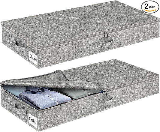 Under Bed Storage Container Bins 2 Pack, 5 Inch Thin Low Profile Underbed Clothes Storage Organizer for Dorm & Home, Use for Blanket and Toy Storage Box W/ Sturdy Bottom/Sides, Foldable Thick Fabric
