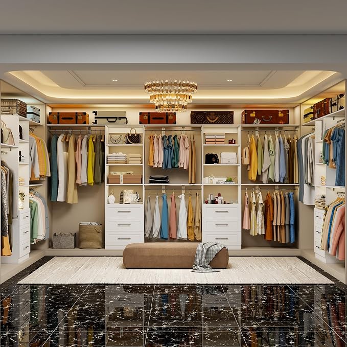 Closet System with 6 Wood Drawers, 5.3FT-8FT-12.3FT Closet Organizer System Storage Storage Adjustable with 6 Cuttable Shelves & 6 Expandable Hanging Rods, Walk in Closet, 2 Sets , White