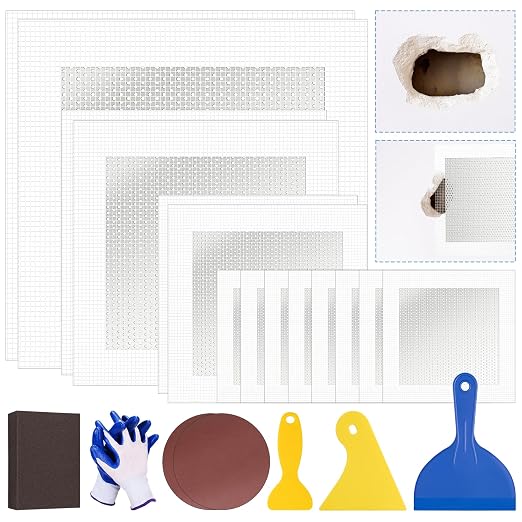 DIYSELF 21 Pack Drywall Repair Kit, 14 Mesh Patches, Wall Patch Repair Kit | 14 Self-Adhesive Mesh Patches in 4 Sizes, Drywall Patch Kit for Nail Holes, Wall Hole Repair Kit with Scrapers for Homeowners