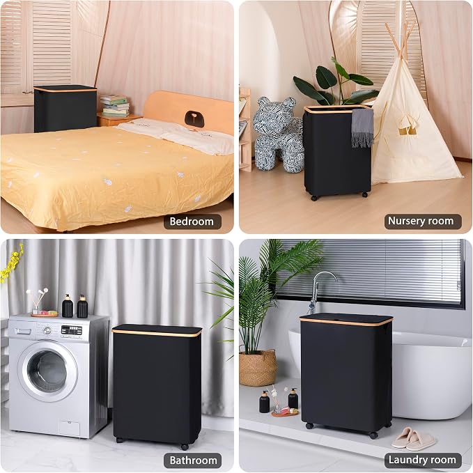 iEGrow Lagre Laundry Basket with Wheels, Laundry Hamper with Lid, 160L Clothes Hamper for Laundry with 3 Liner Bags, for Laundry Room, Bedroom, Dormitory Organization,Black