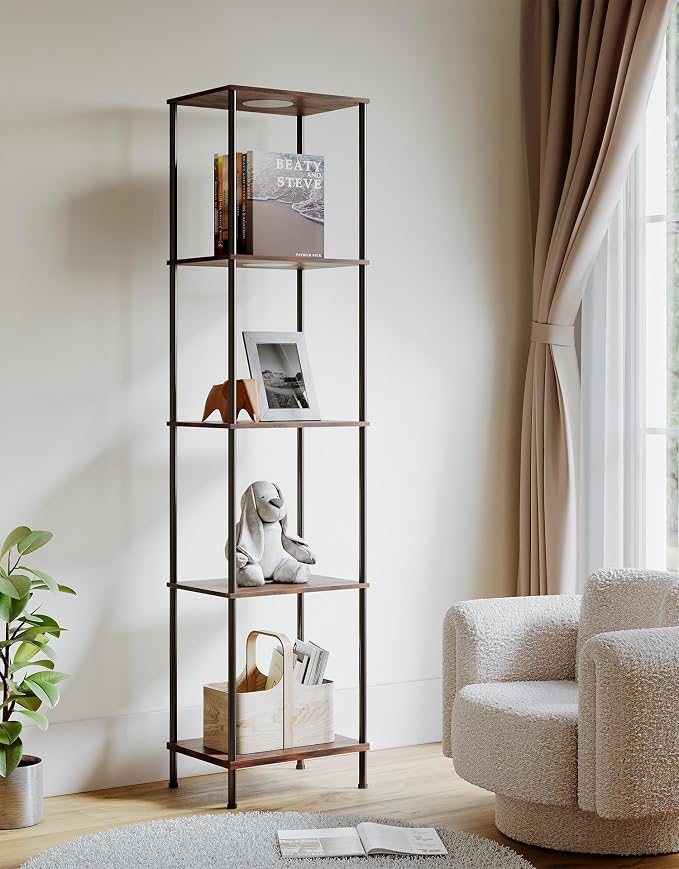 Display Shelf with RGBW Light, Color Changing Curio Cabinet Floor Lamp with Shelves Corner Standing Column Lamp Etagere Organizer Tower Nightstand Bookcase for Living Room Bedroom Office Décor, Brown