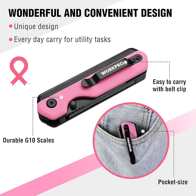 WORKPRO 2-in-1 Folding Knife/Utility Knife, Wood Handle, G10 Handle | Quick-Change Box Cutter, Liner Lock, Belt Clip, 10 SK5 Blades, Carton Cutting, Camping, Hiking, DIY Projects, Pink Ribbon