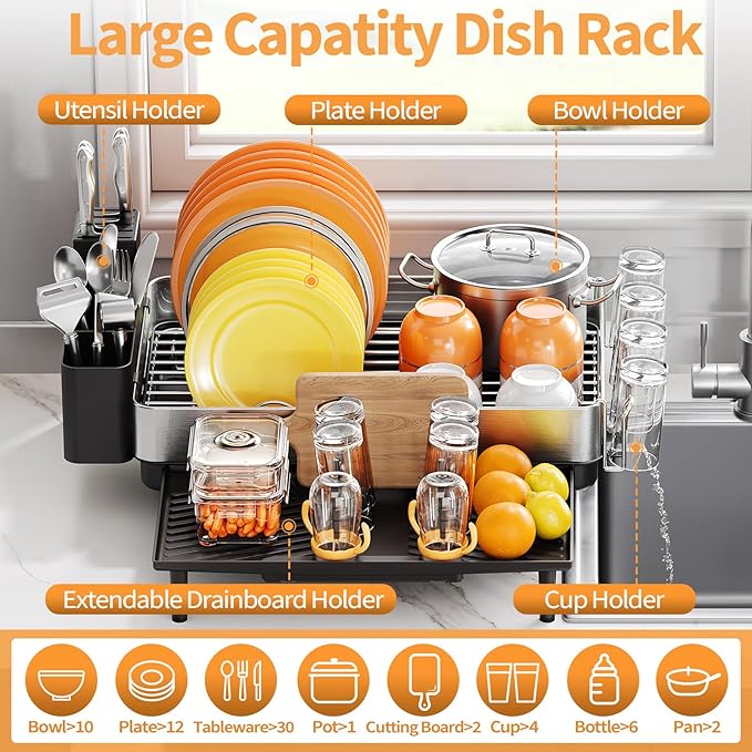 Urackify Large Dish Drying Rack, 304 Stainless Steel Dish Rack for Kitchen Counter, Expandable Dish Drainer with Cutlery Holder, Multifunctional Space Saving Organizer, Black