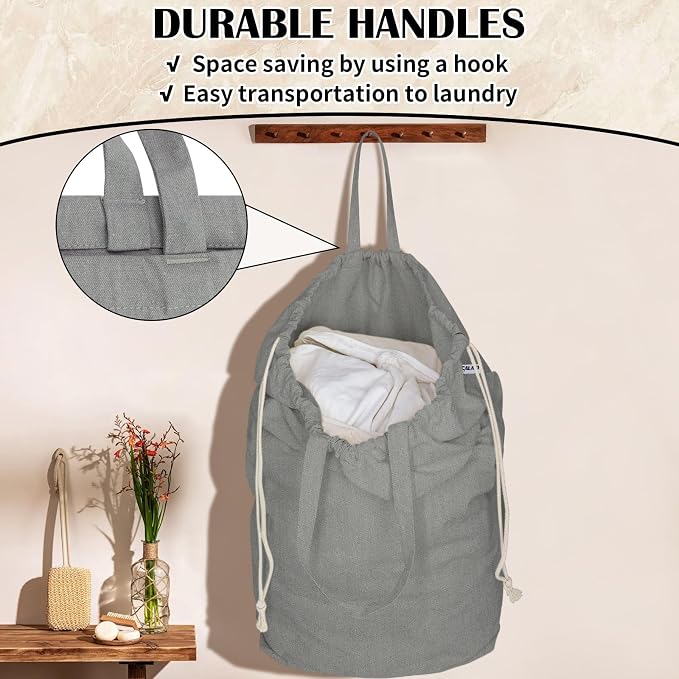 Canvas Laundry Bag with Handles & Square Base, Gray, 13.8"Wx13.8"Dx27.6"H | Large Heavy Duty Laundry Hamper Bag, Washable Drawstring Closure Dirty Clothes Sack for College Dorm, Home Storage