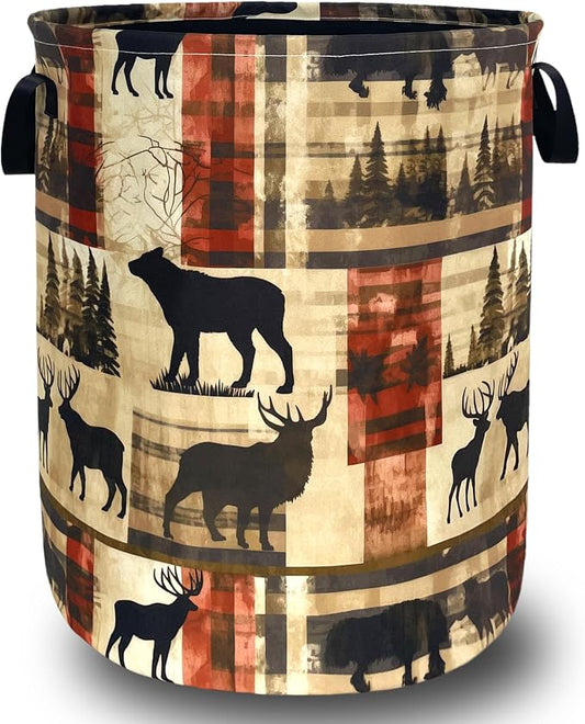 Vintage Forest Bear Laundry Basket Foldable Funny Animal Deers Laundry Hamper With Handle Oxford Cloth Portable Clothes Storage Basket Laundry Bag 18.9"x16.5" For Laundry Room/Bedroom/Bathrooms