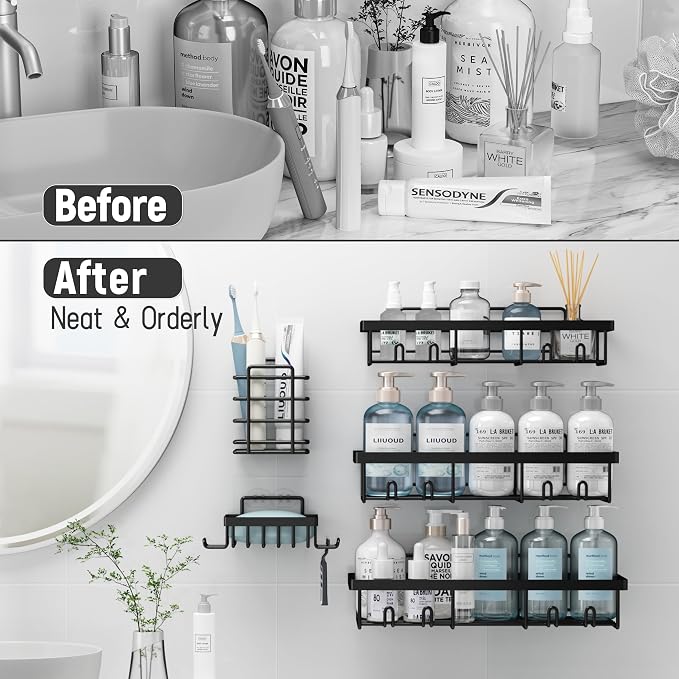 Liuoud Shower Caddy 5 Pack XL-Size Adhesive Stainless Steel Organizer | XL Capacity, With Strong Adhesive, Rustproof, No Drilling Wall Mount Shelvs For Daily Bathroom Organization Decor Set, Black