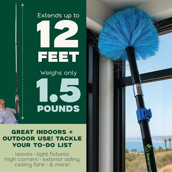 EVERSPROUT 5-to-12 Foot Cobweb Duster & Pole Combo, Extendable to 20 Ft | For High Ceilings and Spider Webs, Vents, Wall Edges, Baseboards and More, Soft Bristles, Adjustable Pole