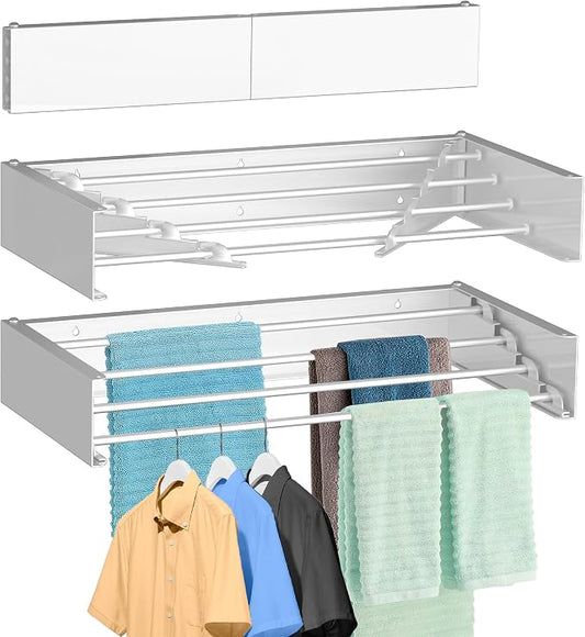FOCHIER F Laundry Drying Rack Wall Mounted Clothes Drying Rack White,23.6" | Collapsible Drying Rack With 4 Aluminum Rods and Drilling Template Long Screwdriver Bit 60 lbs Capacity