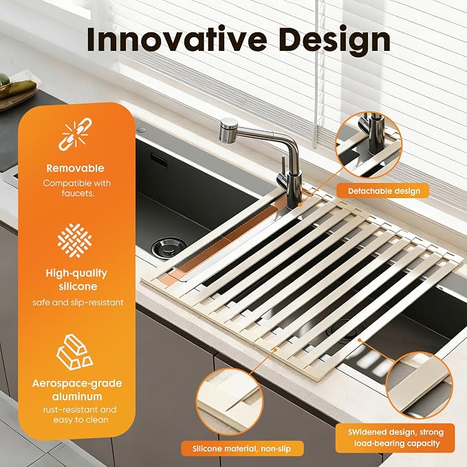 Foldable Over Sink Dish Drying Rack, Extra Wide & Thick Rust-Proof Aluminum Sink Cover for Counter Space, Collapsible Dish Drying Rack Fits Most Kitchen Sinks (White, 13.8“x13.6)