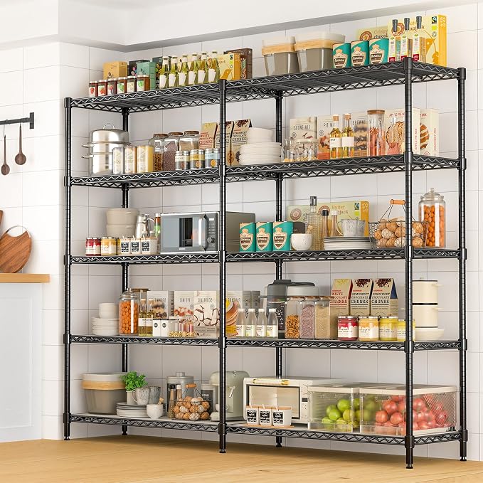 70" W Storage Shelves 1430 LBS Heavy Duty Wire Shelving, 5 Tier Adjustable Metal Garage Shelving, Pantry Kitchen Storage Rack with Liners, DIY L-Shaped Corner Shelf, 70" W x 16" D x 72" H