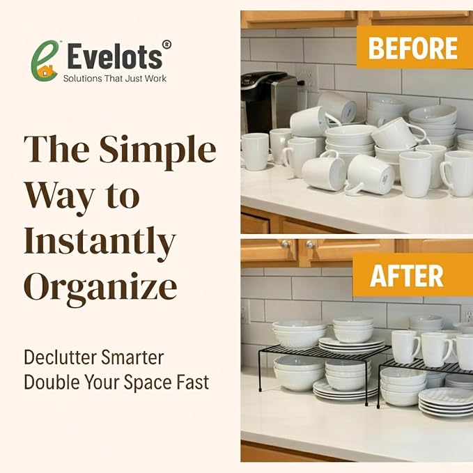Evelots Wire Shelf Organizer, Large Metal Cabinet Risers, 4-Pack, Black | Four large rustproof metal shelf organizers create extra storage space in kitchen cabinets, pantries, freezers and bathrooms.
