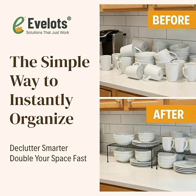 Evelots Wire Shelf Organizer Set Metal Cabinet Shelf Risers, 6-Pack, Black | 6-Pack rustproof metal wire shelf organizers create extra storage space in kitchen cabinets, pantries, freezers and bathrooms