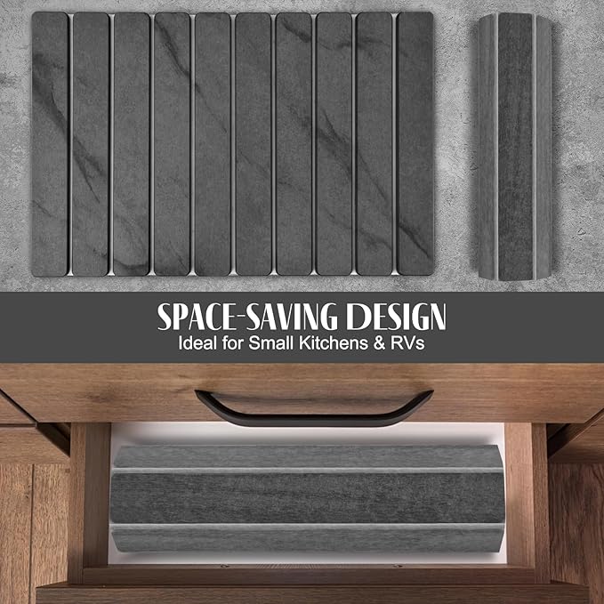 2 PCS Large Stone Dish Drying Mat for Kitchen Counter, 24"×16" Marble-Pattern Dish Drying Mat with 8"x 4" Coasters, Non - Slip Collapsible Absorbent Mat for Multi - Purpose, Match Any Countertop【Gray】
