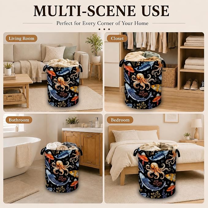 Ocean Fish Octopus Decorative Laundry Hamper, Tall Foldable Oxford Clothes Basket with Handles, Lightweight Dirty Clothes Holder for Bedroom Bathroom Laundry Room