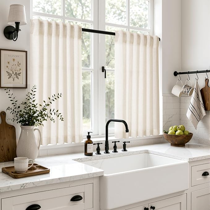 Hokibero Cream Linen Cafe Curtains 45 Inches Long for Kitchen 2 Panels | Light Filtering Semi Sheer Curtain, Back Tab Pocket Pleated Look, Short Drapes for Living Room Bedroom Window, Boho Farmhouse