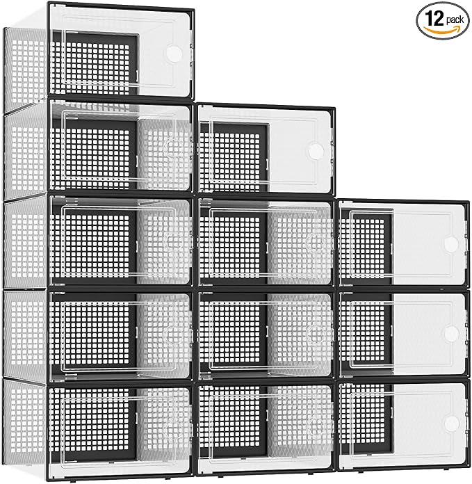 Kuject XX-Large Shoe Storage Boxes 12 Pack, Clear Stackable Shoe Organizer | Shoe Case for Closet, Entryway & Under-Bed Storage, Drop-Front Design, Space-Saving Solution for Family Organization,Black