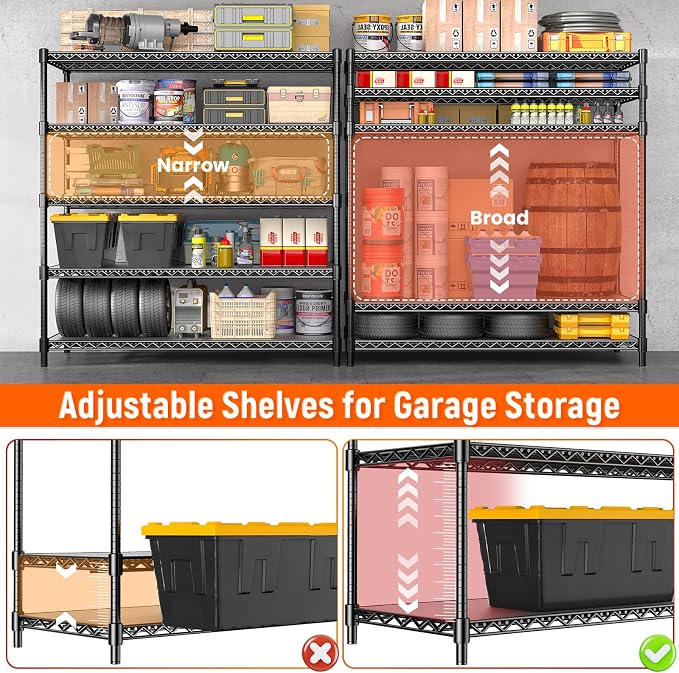 24" D Storage Shelves 3300 LBS Heavy Duty Garage Shelving, 5 Tier Metal Shelving Adjustable Wire Shelving Unit with Liners, 55" W x 24" D x 72" H for Commercial Warehouse, Black