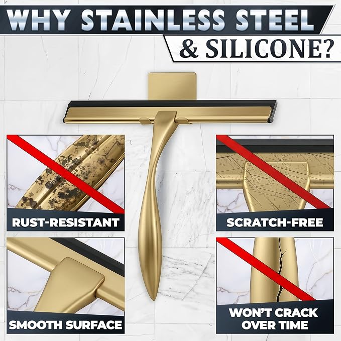 10 Inch Shower Door Squeegee - Gold Squeegee for Shower Glass with Stainless Steel Body, Silicone Blade, Adhesive & Hanging Hooks for Streak-Free Mirror, Tile, Window, Bathroom, Car, Everyday Home Use