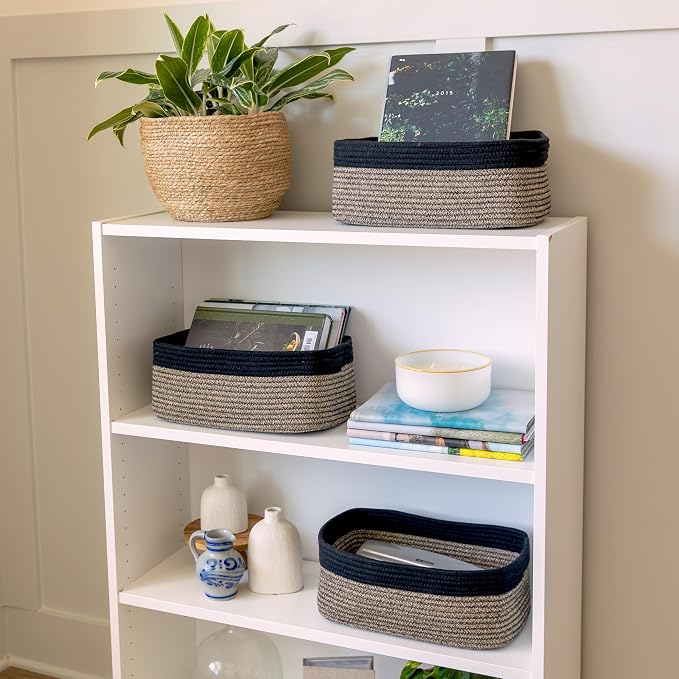 NaturalCozy 13.5”x8.5”x5.5” Rectangle Storage Baskets for Shelves 3 Pack | Cotton Rope Woven Small Baskets for Organizing | Small Storage Bins for Nursery, Bathroom, Closet, Shelf, Decorative