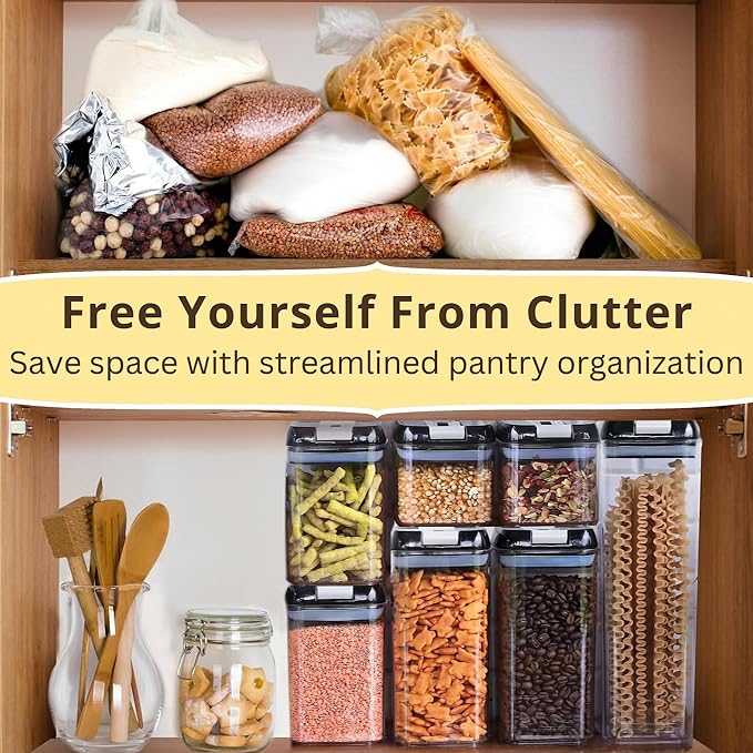 Simply Gourmet Airtight Food Storage Containers with Lids – 7 Piece Assorted Size Kitchen Pantry Organization Set, BPA-Free Clear Plastic, Stackable Containers for Cereal, Flour, Sugar, Rice, Snacks