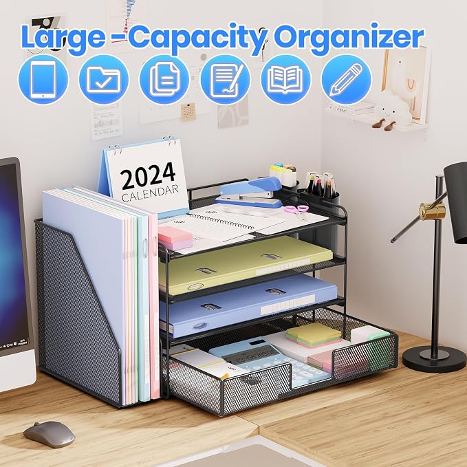 OPNICE Desk Organizer, 4-Tier Desktop File Organizer with Drawer and Pen Holders, Office Desk Accessories, File Sorters, Workspace Organizers for Office Supplies(Black 2-Pack)