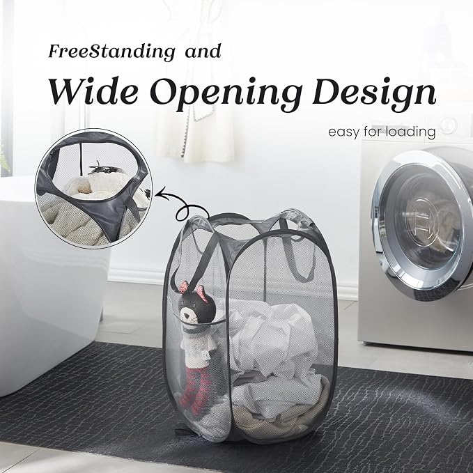 TECHMILLY Collapsible Mesh Pop Up Laundry Hamper with Sturdy Handles and Side Pocket - Portable Foldable Clothes Baskets for Dorm, Bathroom & Travel Storage (Grey, 3 Packs)