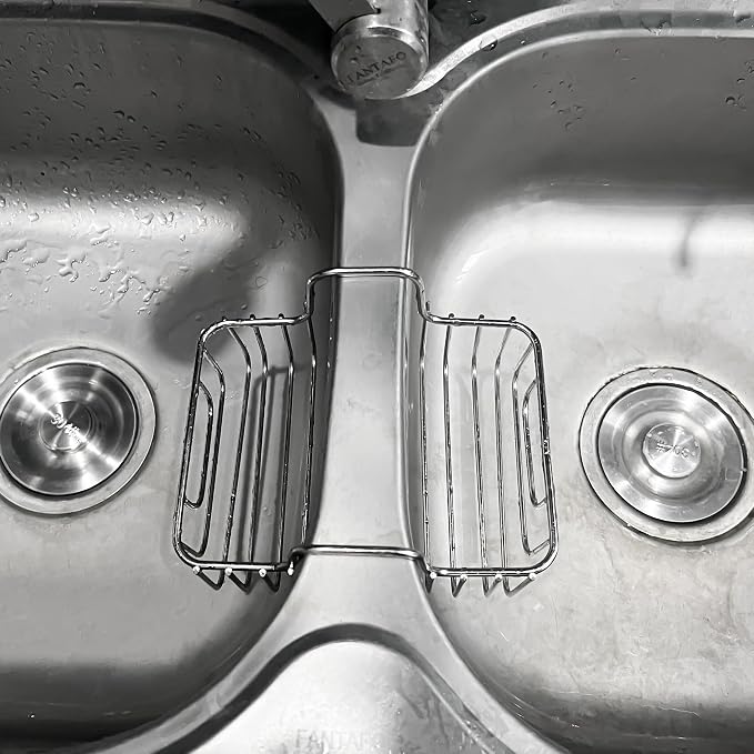 BuleVina Stainless Steel Sponge Holder for Kitchen Sink - Never Rust Hanging Saddle Double for Soap Kitchen Sink Caddy 2.2 inch, Rustproof Organizer for Dishwashing and Brush Drying