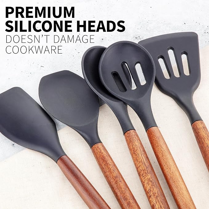 Zulay Kitchen Non-Stick Cooking Utensils Set with Authentic Acacia Wood Handles – 5-Piece Durable & Stylish Silicone Kitchen Utensils Set – Heat Resistant to 464°F – Black