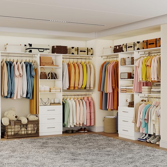 Closet System with Drawers, 5FT-8FT Closet Organizer System with 3 Side Top Shelves(Cuttable) & 3 Expandable Hanging Rods, Walk in Closet Storage Shelving System, Walk in Closet System, White
